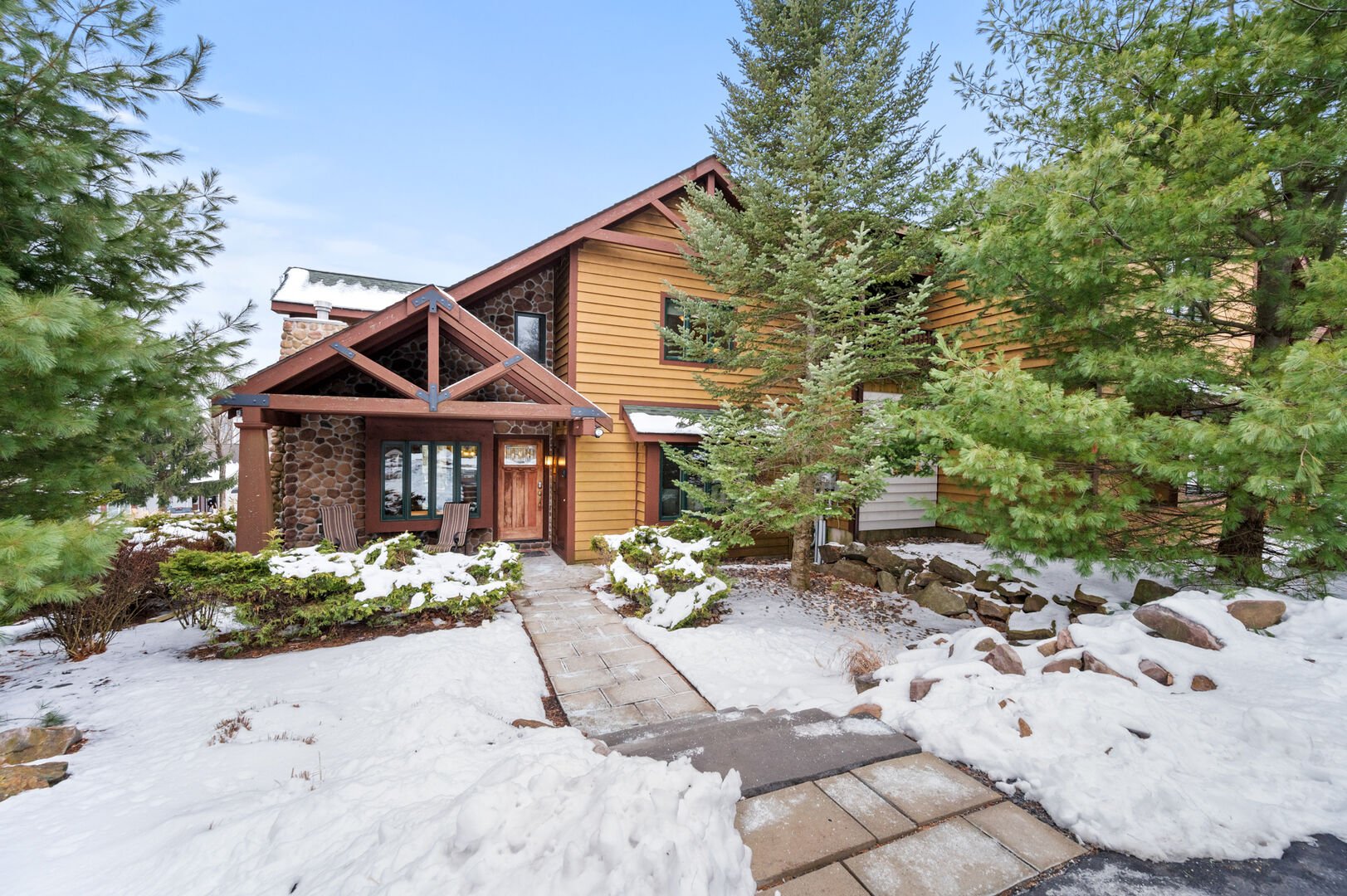 exterior of a vacation cabin in snow